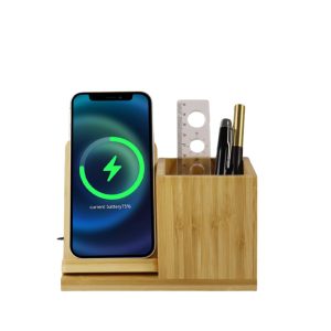 3-in-1 Bamboo Wireless Charging Station | 15W Fast Charger, Phone Dock, Name Card Holder & Pen Organizer for Desk | Eco-Friendly Wood Charging Dock for Office & Home