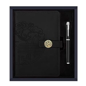 A5 Lined Leather Journal Set with Gift Box, Hardcover Notebook with Pen, 100 Pages of 80gsm Thick Ruled Paper for Men, Women, School, Travel, Business and Work (Black)