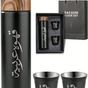 Oasisgalore Arabic Coffee Thermoses with 2 Cups Set, Arabic Coffee Pot Flask Set, Coffee Travel Mug Spill Proof with Lid, Vacuum Thermal Insulated Mug Cup Leakproof 500ML (Black)