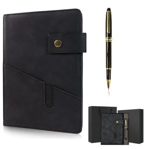 A5 Notebook with Pen and Gift Box, 200Pages 100gsm Thick Ruled Paper Daily Diary, Black Lined Leather Journal Personalized Hardcover Journal Set for School Travel Business Work Home Writing