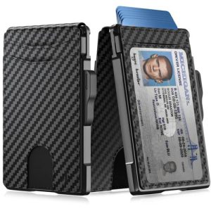 Slim Card Holder Wallet for Men, Slim Leather RFID Blocking Bifold Minimalist Wallet, with Metal Pop-Up Card Holder, Money Clip, Credit Card Slots - Men's Wallet, Carbon Fiber