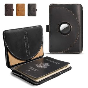 Leather Passport Cover, Travel Wallet With Airtag Slot, Cover For Men Card Slots, Snap Closure & Bifold Style Holder 2 Books