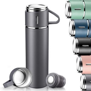 water bottle-Coffee holder-3-Piece Stainless Steel Gift Set Vacuum Thermal Mug Flask Bottle with 2 Extra Cup Set Leak-proof Mug Insulated-Thermos Hot & Cold Up to 12 Hours 500ml (gray)