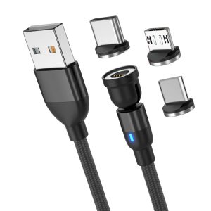 Magnetic Charging Cable QC3.0 Fast Charging Cords, 540°Rotating 3 in 1 Magnetic USB C Charger Cable with LED Light for Phone/Laptop/IOS Products/Android/Micro USB/Type C Devices, 0.5M (1.6FT)