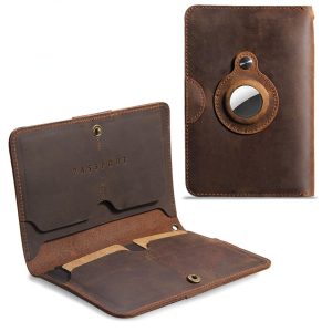 Genuine Leather Passport Holder with AirTag Slot and RFID Blocking | Slim Bifold Travel Wallet for 2 Passports, Cards & Cash | Durable Travel Organizer for Men & Women Gif