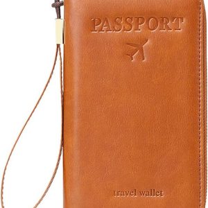 Passport Holder for Travel, RFID Blocking Travel Document Organizer Clutch Bag, Leather Passport Wallet Cover Case for Women Men (Brown)