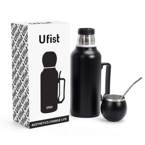 Yerba Mate Vacuum Insulated Bottle - Double Stainless Steel Wall 44oz I 1300ml Thermal Bottle Flask for Camping- A Mate Kit that includes Bombilla and Lid (Mate Cup) (Black)