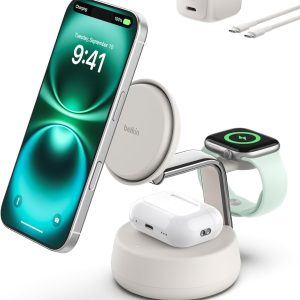 Belkin UltraCharge Pro Wireless Charging Station 25W, 3-in-1 Qi2.2 Certified MagSafe Compatible Charger for iPhone 17, Air, Apple Watch, AirPods, Pixelsnap, with Cooling Fan, 45W Adapter - Sand