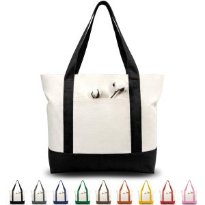 TOPDesign Canvas Tote Bag with an External Pocket, Reusable Grocery Shopping Bag, Top Zipper Closure, Daily Essentials