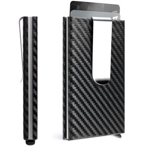 Slim Wallet for Men, RFID Blocking Carbon Fiber Wallet, Card Holder with Money Clip, Minimalist Pop-Up Metal Front Pocket Wallet (Black)