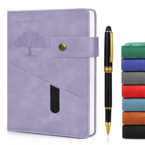 DoubleCare A5 Vegan Leather Hard Paste with Divider, Hardcover Notebook with Pocket, Ruled Notepad School Supplies Office with Pen, Office, Business Travel, for Men Women (Purple)