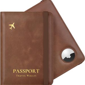 Oasisgalore Passport Holder Compatible for Air Tag, Slim Passport Holder Family with Airtag Slot, RFID Passport Cover for Men, PU Leather Passport Case, Anti-Lost Travel Accessories (Brown)