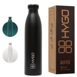 HYGO Insulated Water Bottle Stainless Steel 750ml, Black, Double-wall thermos bottle, Hydro Flask for hot and cold water, leak-proof Gym Bottle, BPA free
