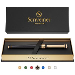 Scriveiner ROLLERBALL PEN by - Stunning Luxury Pen - Brass & Black Lacquer Roller Ball Finished in 24K Gold - Black Schmidt Liquid Ink Refill - Perfect Gifts or Professional, Executive Pens