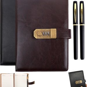 Journal with Lock, A5 Lockable PU Leather Diary Set with Pen, 200 Pages Password Notebook for Men Women Teens, Vintage Writing Journal for Travel, Planning & Daily Notes (Brown/Black), 2 Pcs