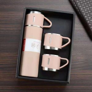 Nessan 3-Piece Stainless Steel Gift Set Vacuum Thermal Mug Flask Bottle with 2 Extra Cup Set Leak-proof Mug Insulated Travel Business Trip Water Bottle Thermos Hot & Cold Up to 12 Hours 500ml - Peach