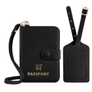 Leather Passport Holder with RFID Blocking, Waterproof Travel Wallet with Neck Lanyard and Luggage Tag, Durable Passport Organizer for Men and Women (Black)