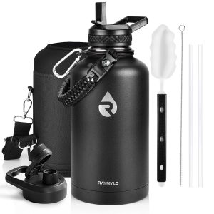 Insulated Water Bottle 1893ml, Triple Wall Vacuum Stainless Steel (Cold for 48 Hrs), Leak Proof & Non-BPA, Half Gallon Water Flask Jug with Paracord Handle & Straw Spout Lids, Magic Black