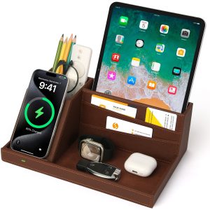 Fast Wireless Charging Station With Desk Organizer For Iphone 17/16/15/15 Pro/14/14 Pro Max/14 Pro/14 Plus/13/13 Max/13 Pro/And 12/11 Series, Nightstand Desktop Organizer, Brown