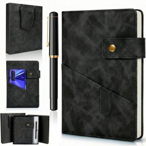 A5 Lined Leather Journal Notebook, Men's and women's hardcover diary set, with pen and gift box, 200 pages of 80gsm professional notebook, suitable for school, travel, and work (black)