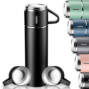 YANEK 500ml Stainless Steel Vacuum Thermos flask with Silicone Handle and Insulated Water bottle with 2 stainless steel cups set for Hot and Cold Outdoor travel | Gift box (2 PACK, BLACK)