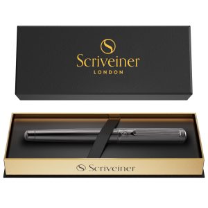 Scriveiner Gun-Metal Rollerball Pen - Stunning Luxury Pen, Schmidt Ink Refill, Best Roller Ball Gift Set for Men & Women, Professional, Executive Office, Nice Pens