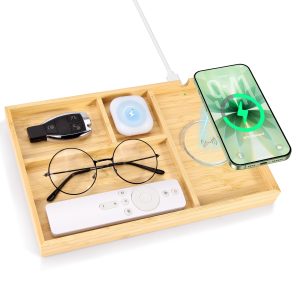Bamboo Valet Tray with Dual Wireless Charger - EDC Nightstand Organizer for Men - Desk Tray & Catchall for Phone, Watch, Keys - Aesthetic Desk Accessories & Father’s Day Gift for Men (Natural)