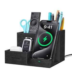 Wireless Charger with Desk Organizer, Pen Pencil Holder, Multifunctional Desktop Organizer, Office Supplies and Desk Accessories Organizer with 3 Compartments and 1 Phone Stand, PU Black